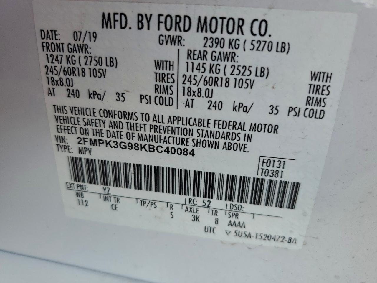 2019 Ford Edge Se VIN: 2FMPK3G98KBC40084 Lot: 91721035