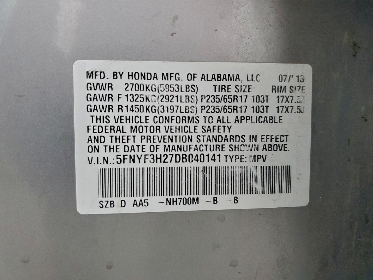 2013 Honda Pilot Lx VIN: 5FNYF3H27DB040141 Lot: 94358615