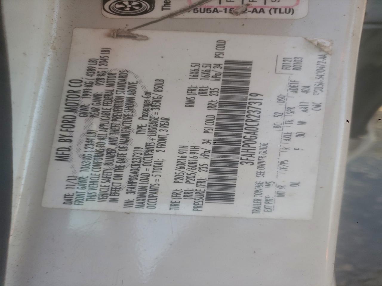 2012 Ford Fusion S VIN: 3FAHP0GA0CR237319 Lot: 93817695