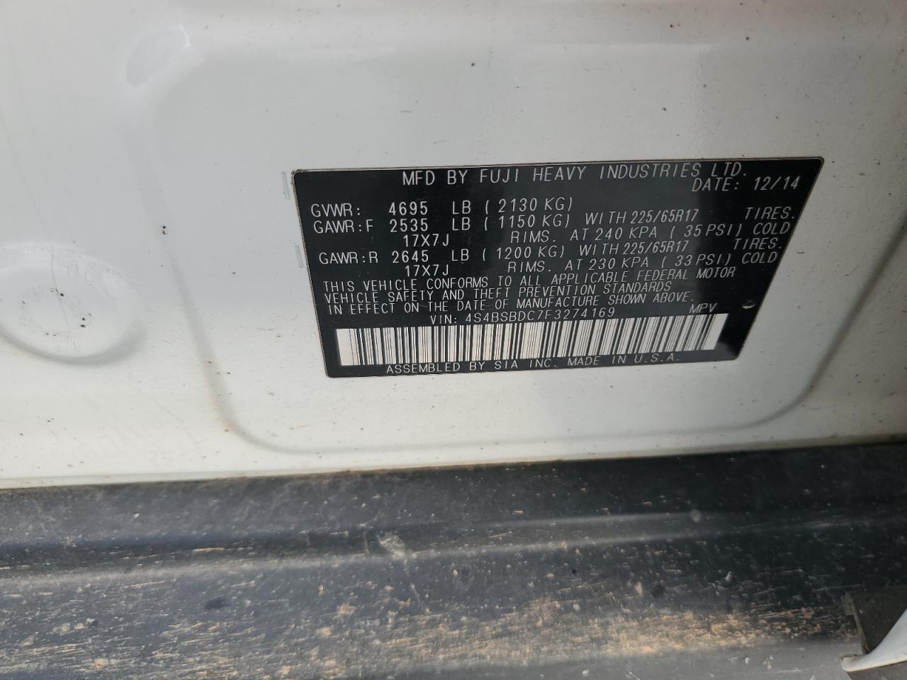 2015 Subaru Outback 2.5I Premium VIN: 4S4BSBDC7F3274169 Lot: 92029815