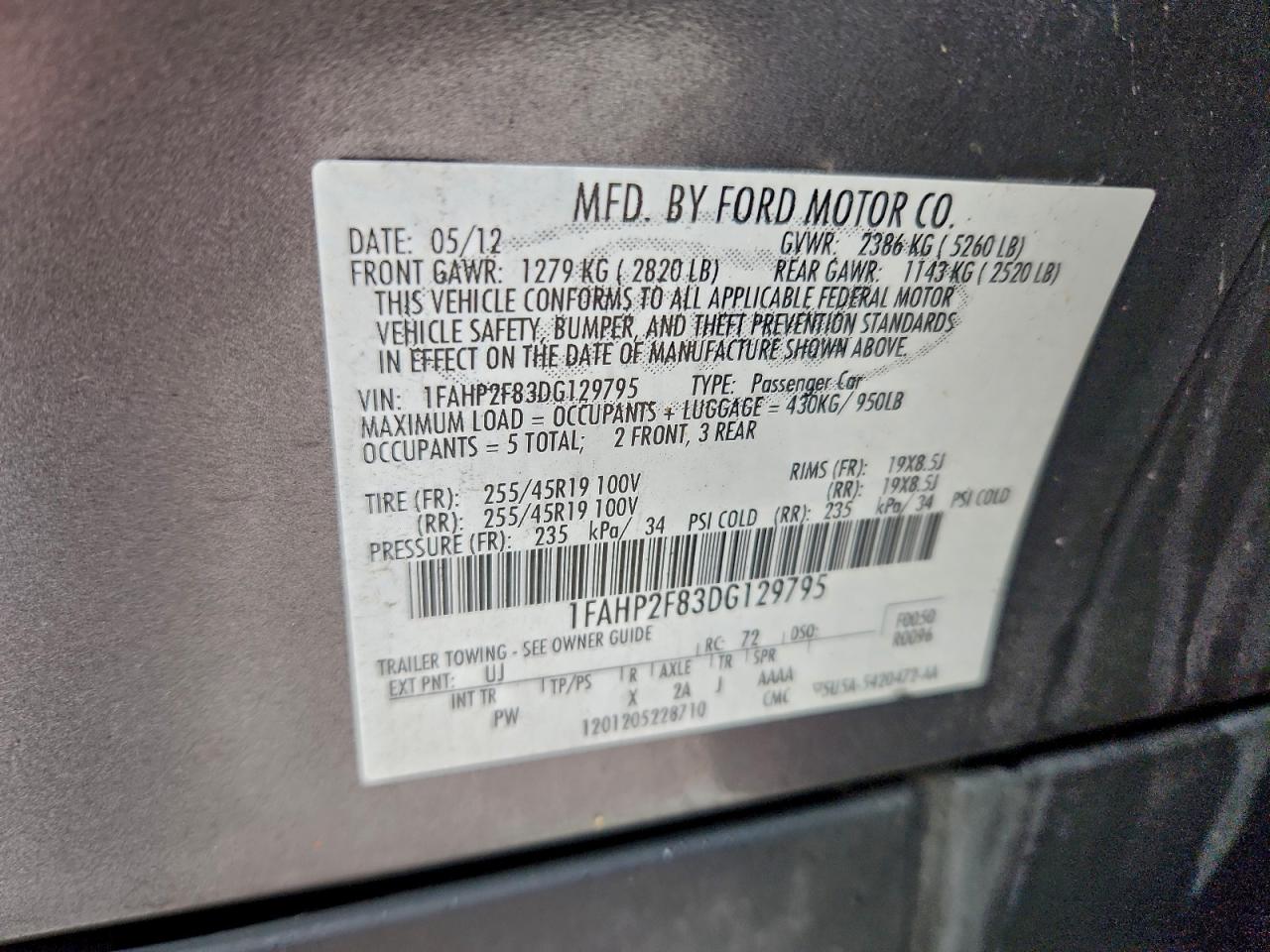 2013 Ford Taurus Limited VIN: 1FAHP2F83DG129795 Lot: 93371785