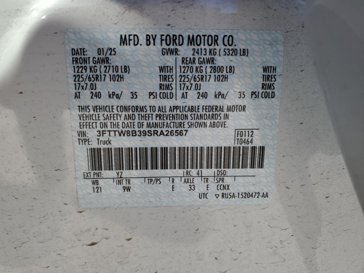 2025 Ford Maverick Xl VIN: 3FTTW8B39SRA26567 Lot: 92110655