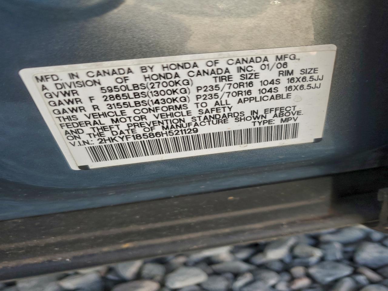 2006 Honda Pilot Ex VIN: 2HKYF18586H521129 Lot: 93827335