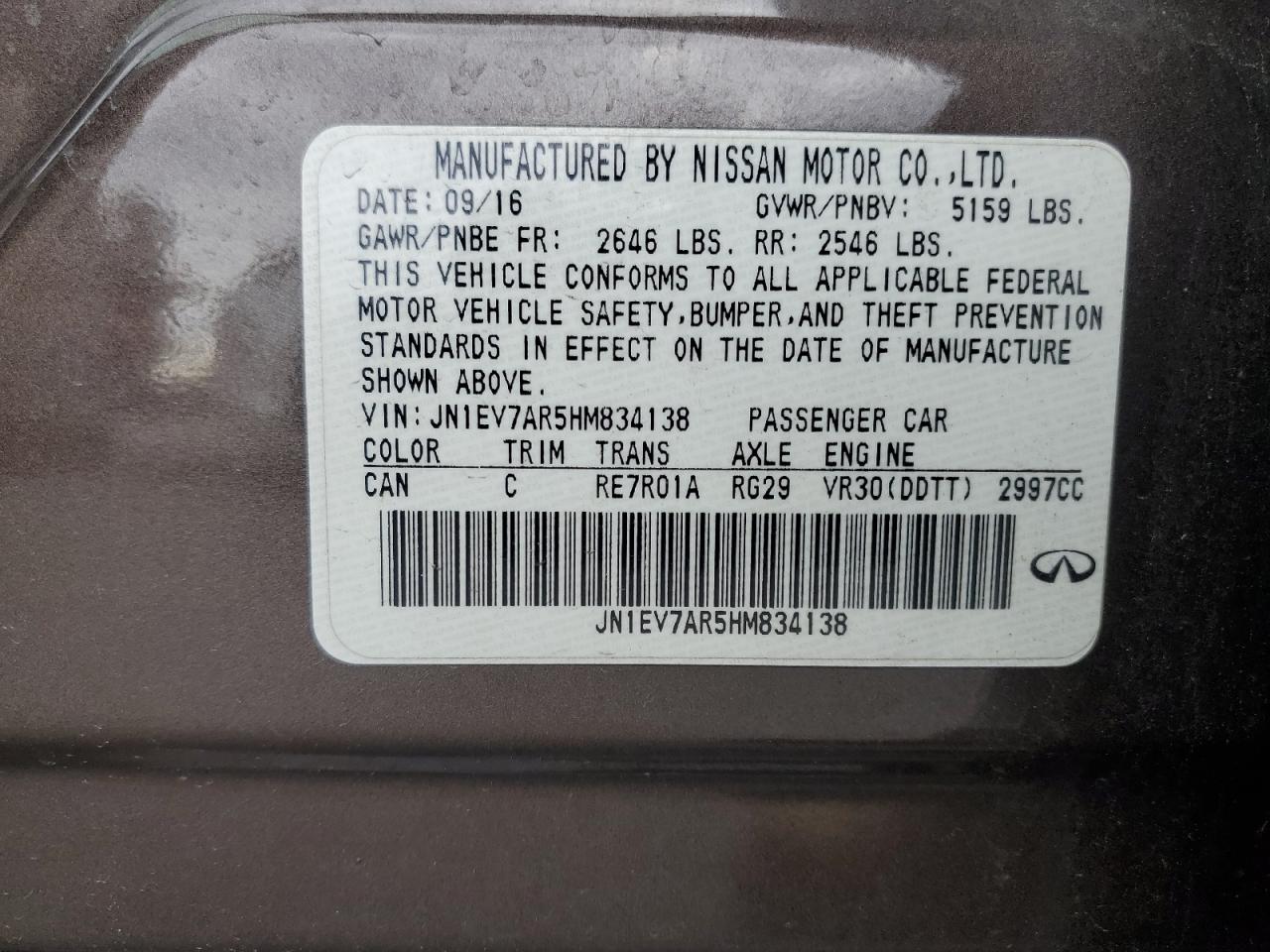 2017 Infiniti Q50 Premium VIN: JN1EV7AR5HM834138 Lot: 92969165