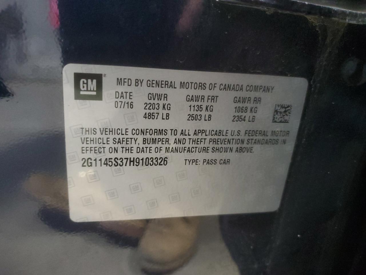 2017 Chevrolet Impala Premier VIN: 2G1145S37H9103326 Lot: 92078665