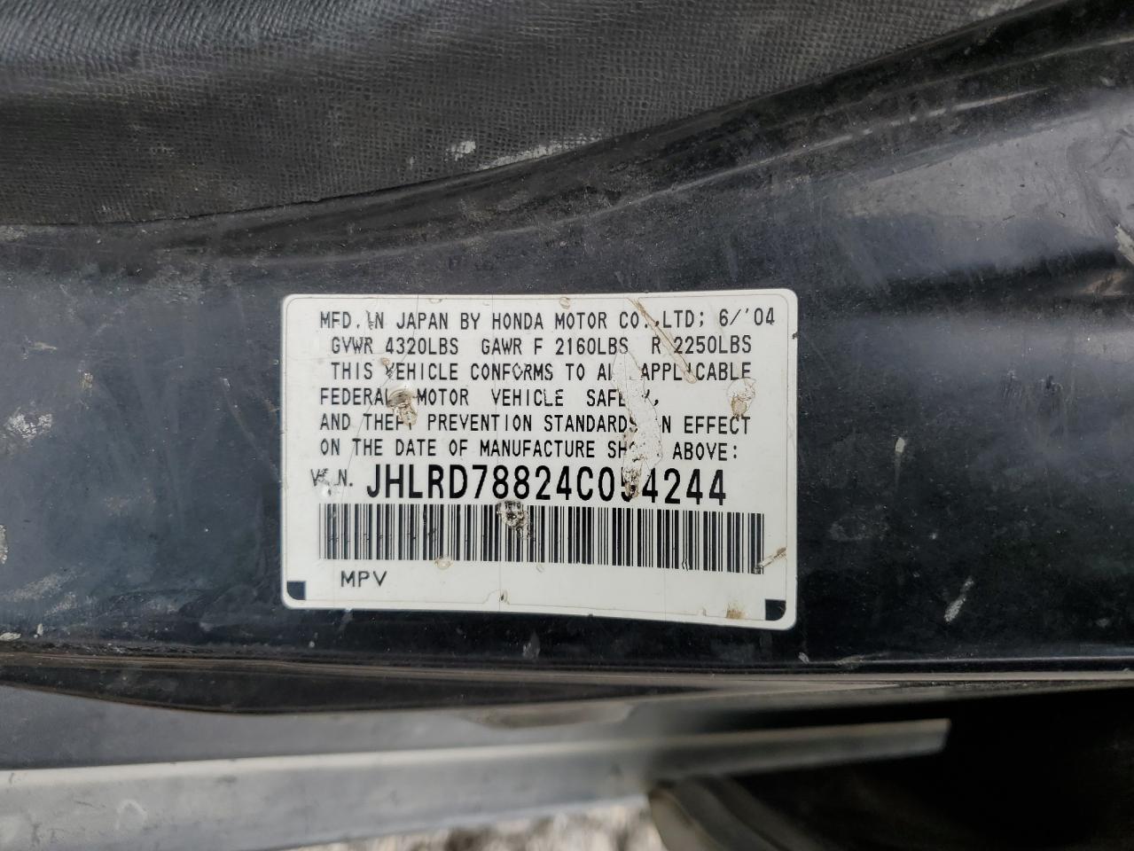 2004 Honda Cr-V Ex VIN: JHLRD78824C054244 Lot: 92358165