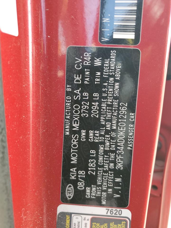 2019 Kia Forte Gt Line VIN: 3KPF34AD0KE012962 Lot: 91908405