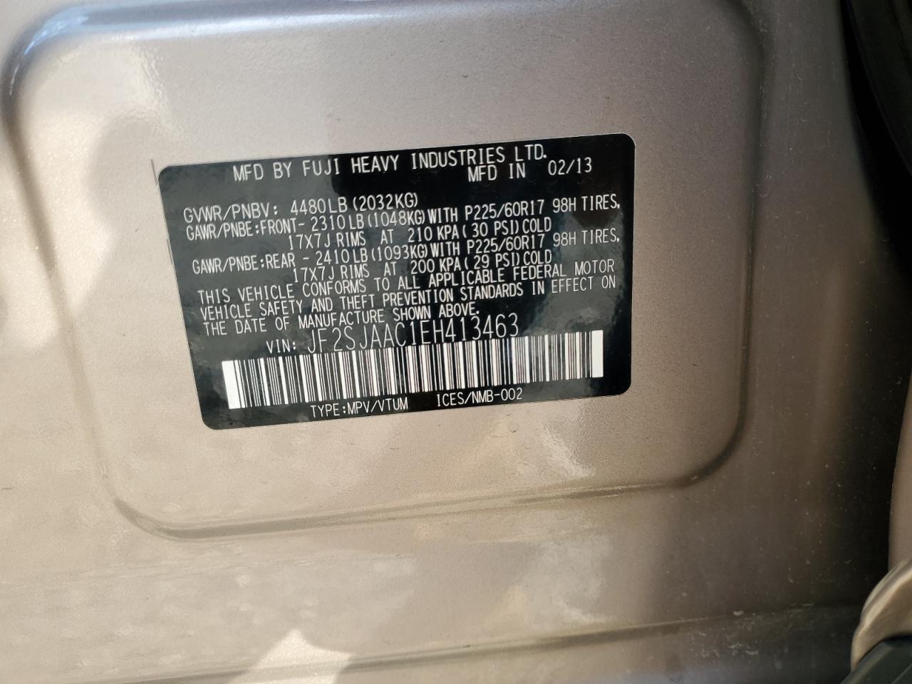 2014 Subaru Forester 2.5I VIN: JF2SJAAC1EH413463 Lot: 93533575