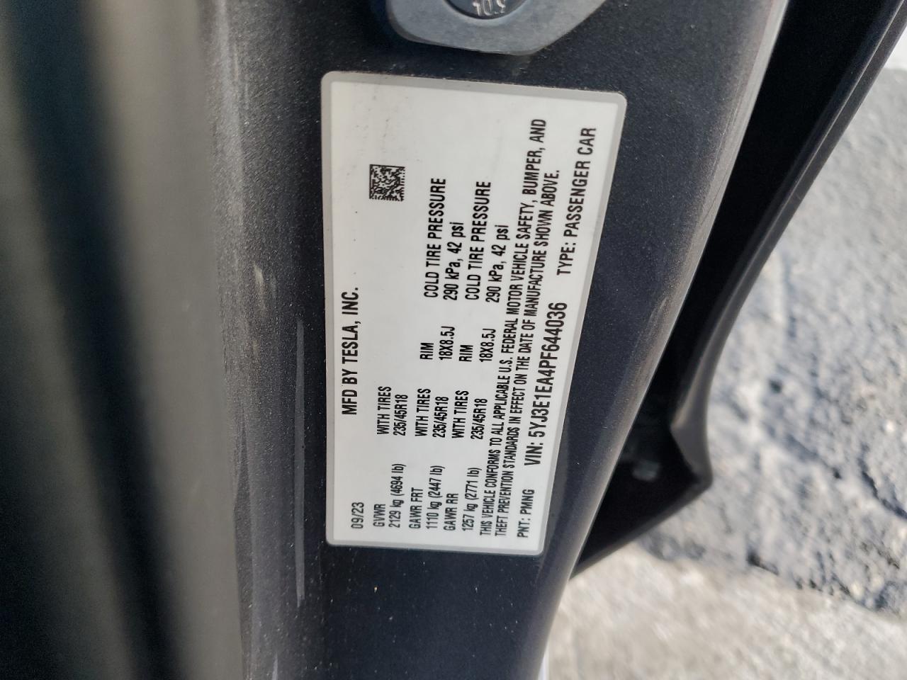 2023 Tesla Model 3 VIN: 5YJ3E1EA4PF644036 Lot: 93864965