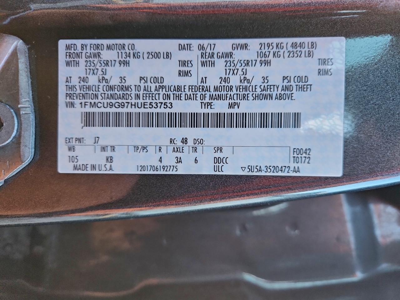 2017 Ford Escape Se VIN: 1FMCU9G97HUE53753 Lot: 92864535