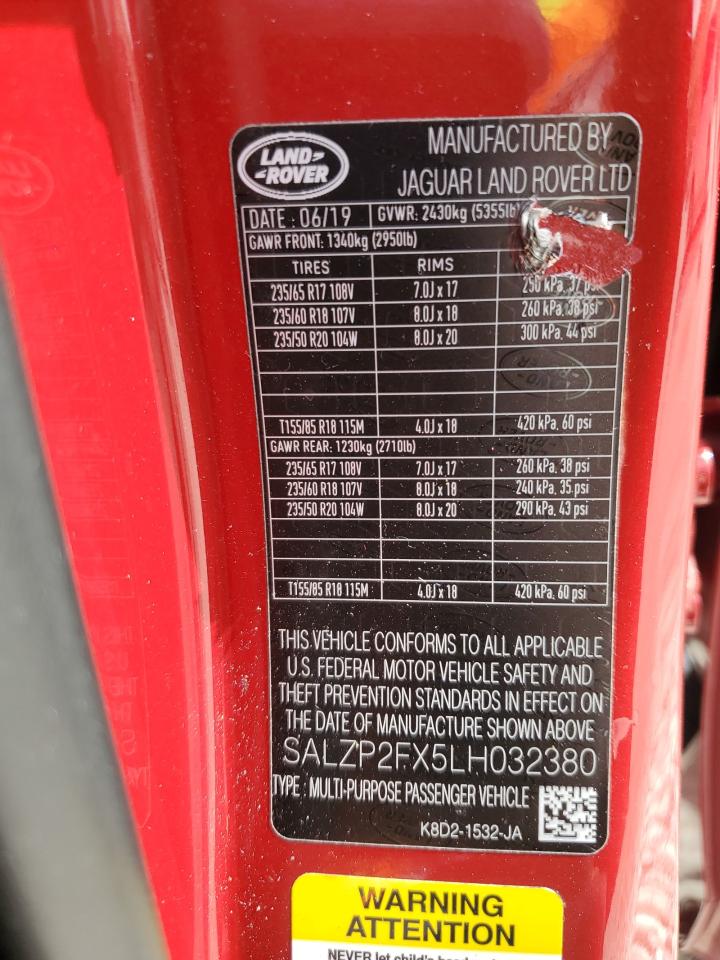 2020 Land Rover Range Rover Evoque Se VIN: SALZP2FX5LH032380 Lot: 92844675