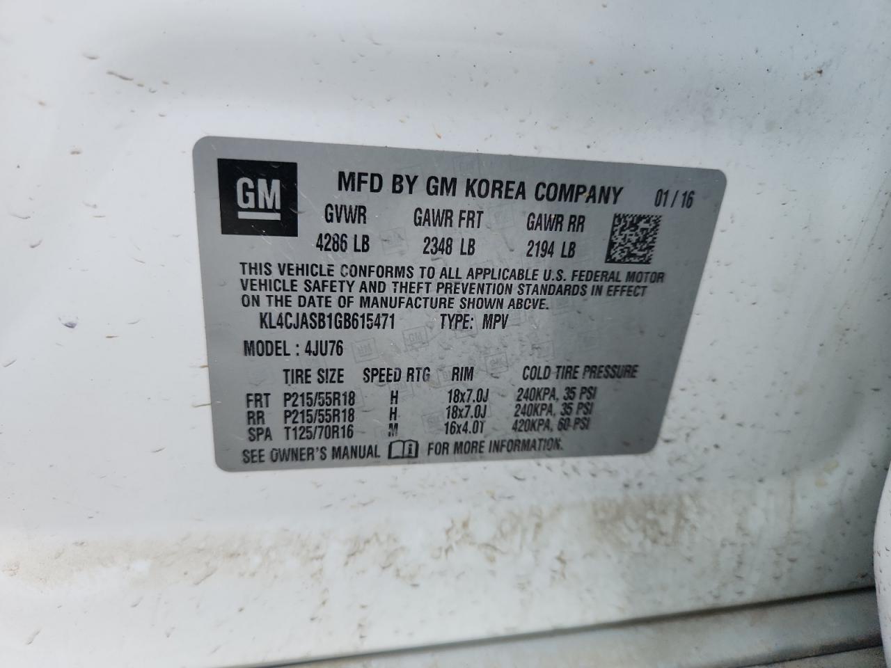 2016 Buick Encore VIN: KL4CJASB1GB615471 Lot: 91045815