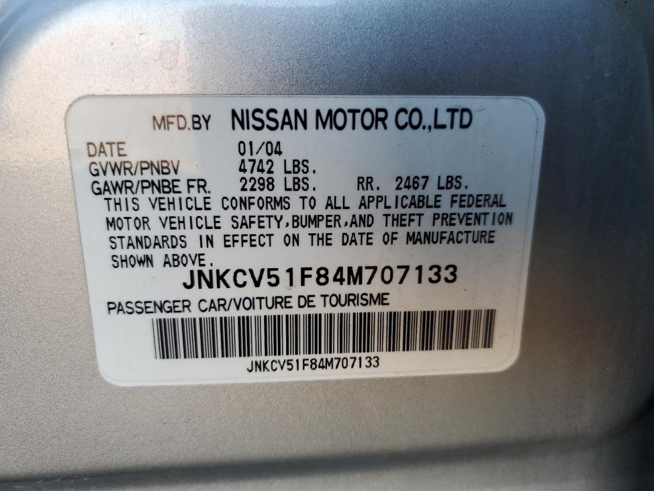 2004 Infiniti G35 VIN: JNKCV51F84M707133 Lot: 91238135