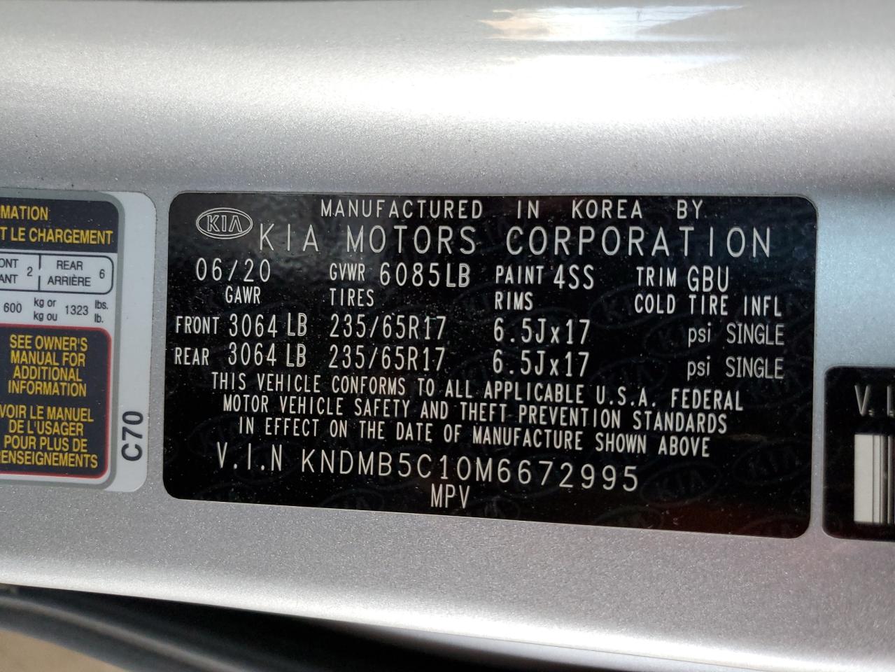 2021 Kia Sedona Lx VIN: KNDMB5C10M6672995 Lot: 91624575