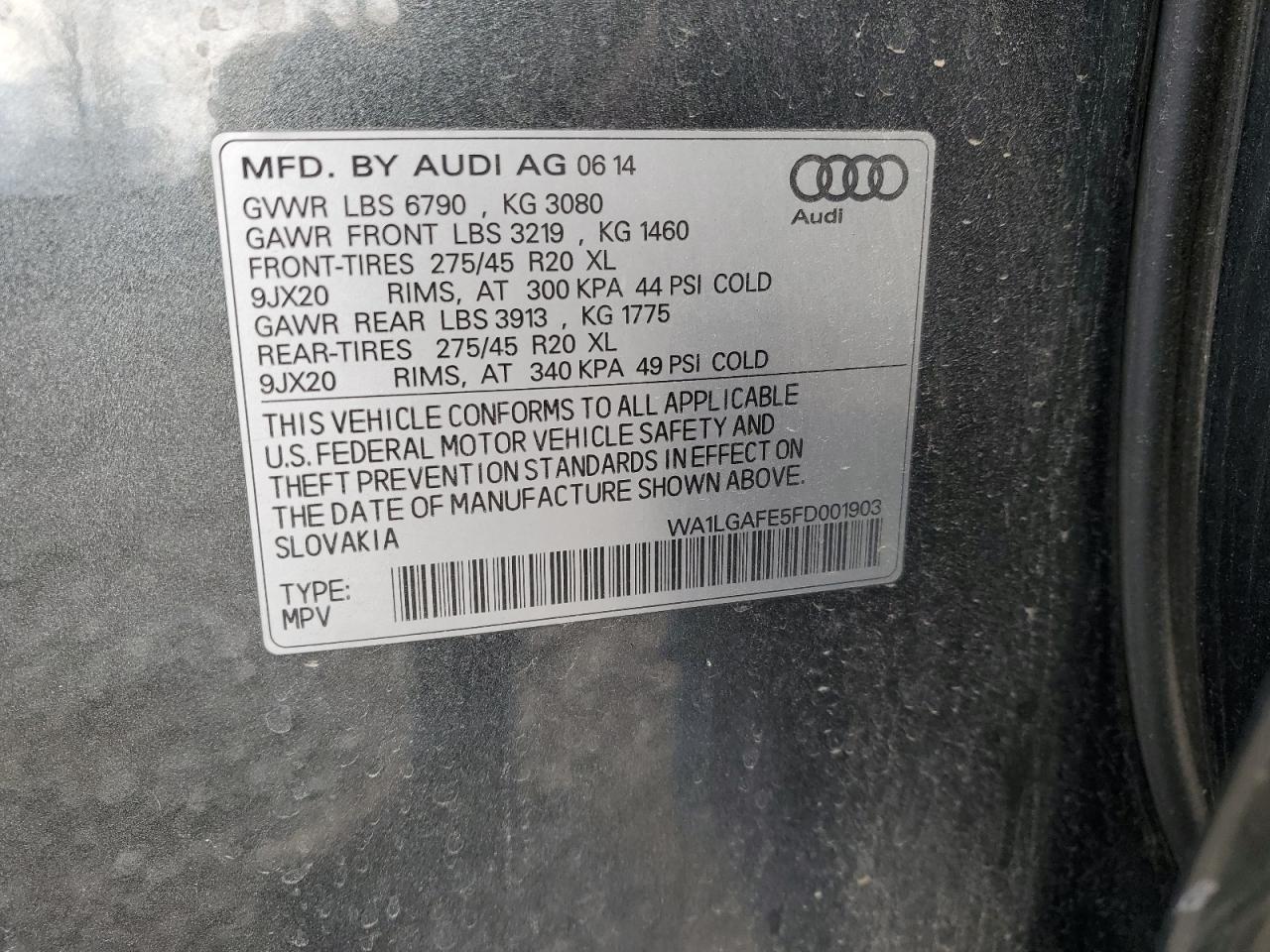 2015 Audi Q7 Premium Plus VIN: WA1LGAFE5FD001903 Lot: 91617495