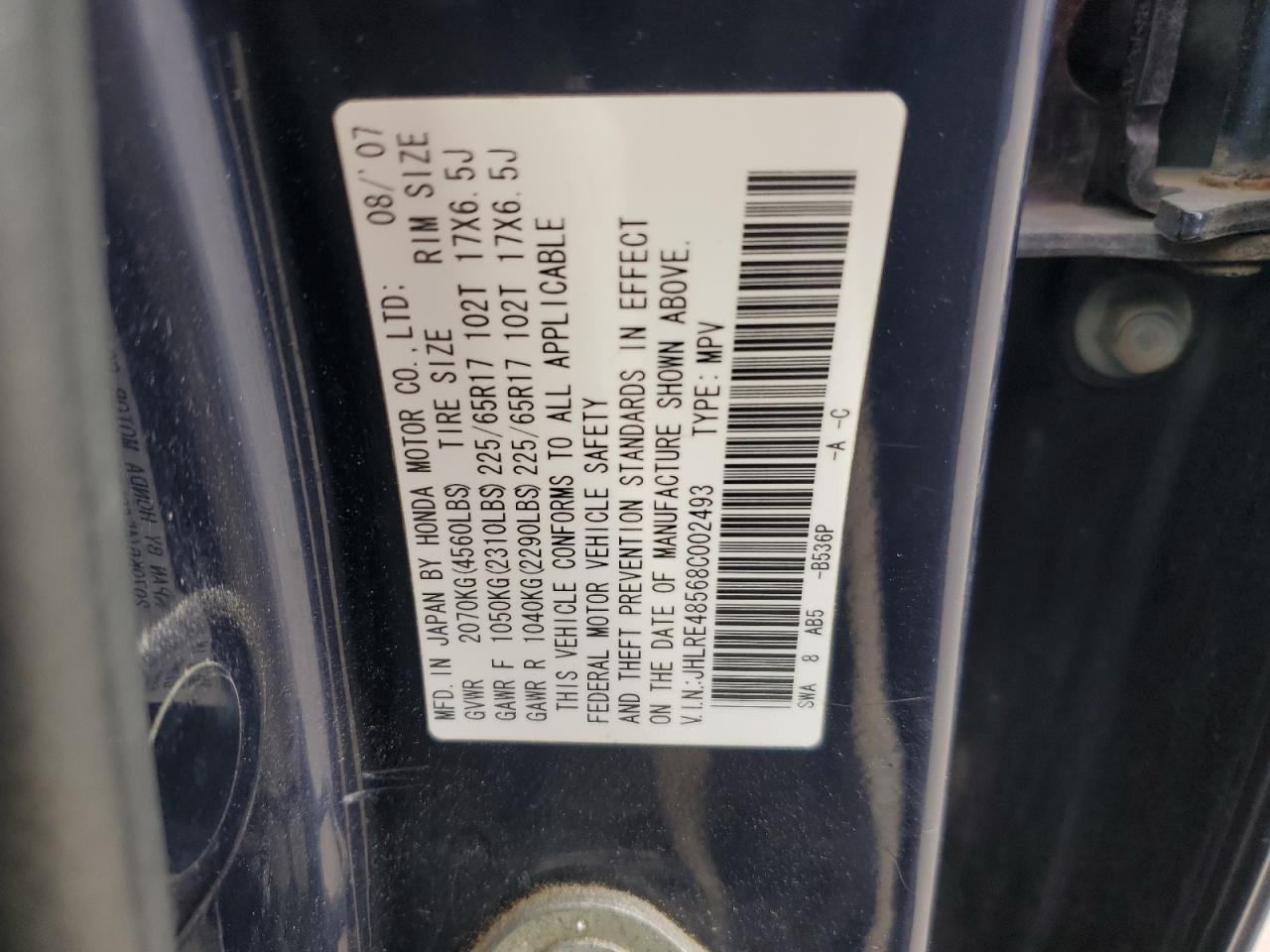 2008 Honda Cr-V Ex VIN: JHLRE48568C002493 Lot: 92800935