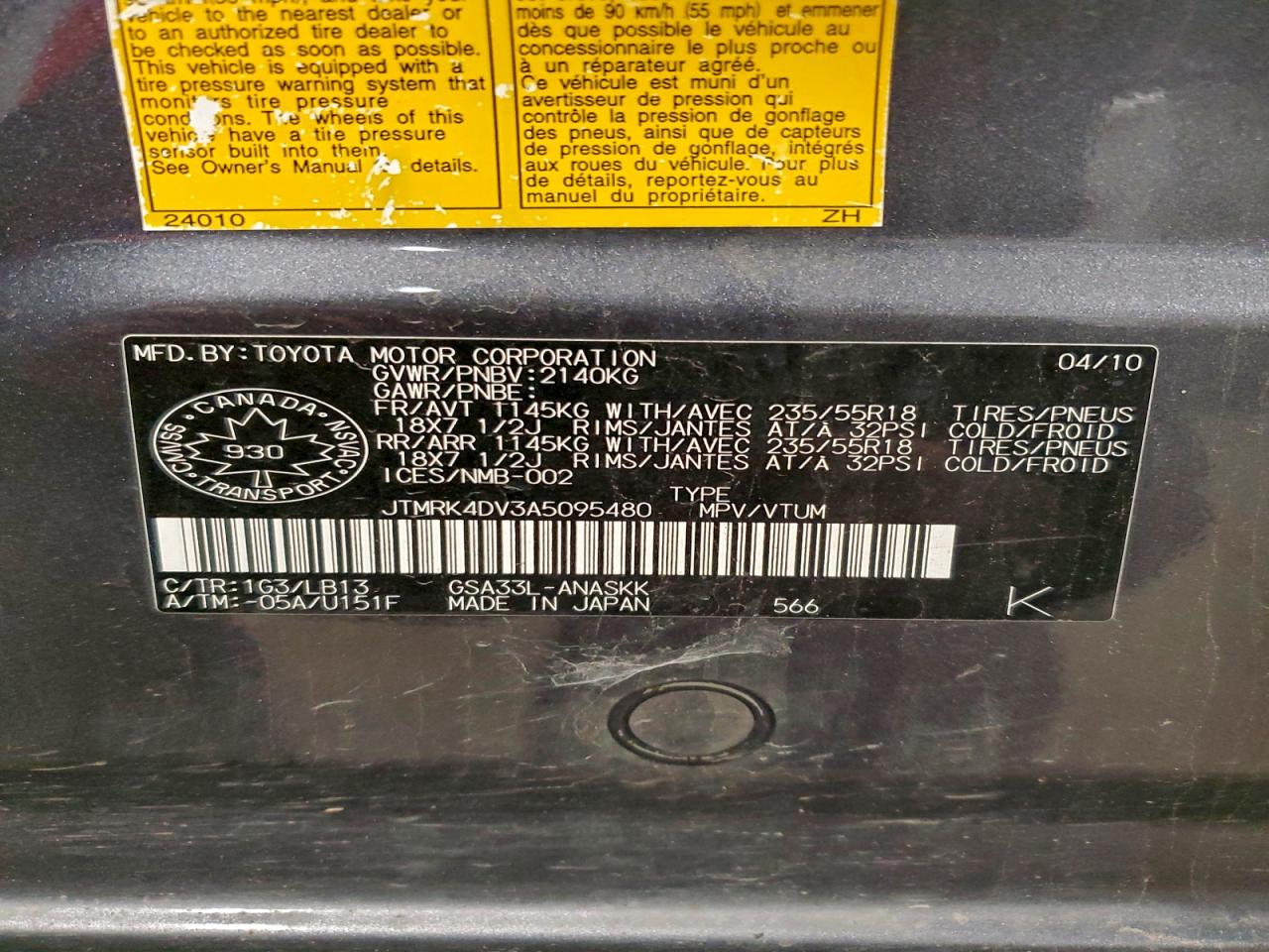 2010 Toyota Rav4 Sport VIN: JTMRK4DV3A5095480 Lot: 93686065