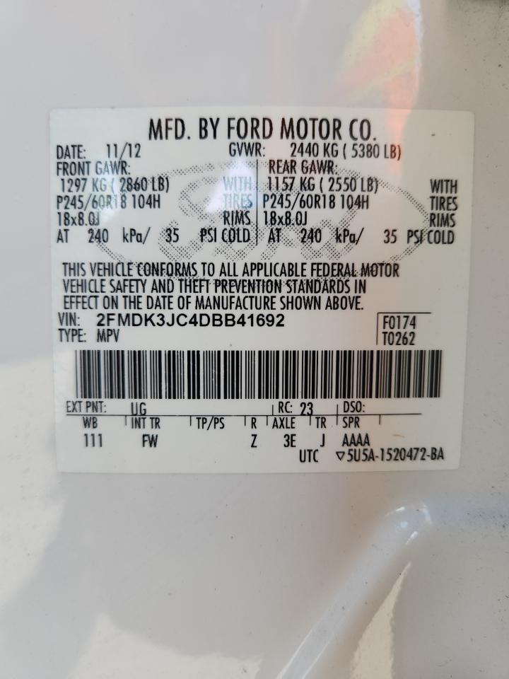 2013 Ford Edge Sel VIN: 2FMDK3JC4DBB41692 Lot: 92833185