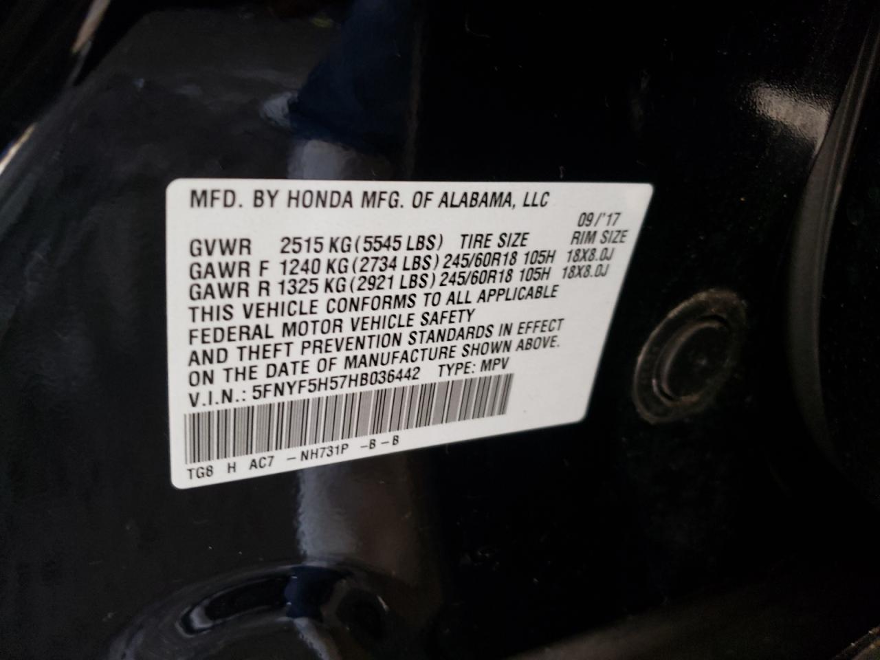 2017 Honda Pilot Exl VIN: 5FNYF5H57HB036442 Lot: 91406605