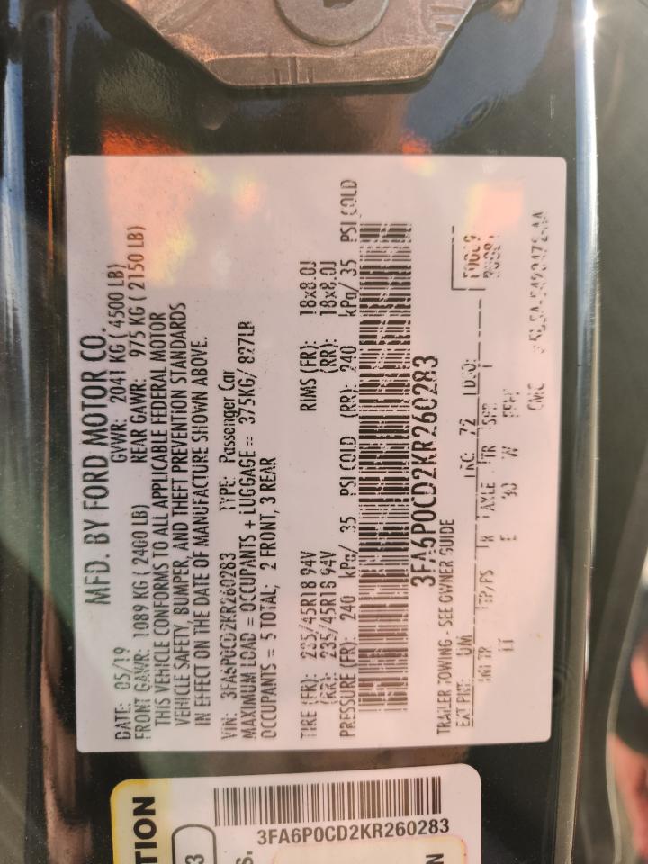 2019 Ford Fusion Sel VIN: 3FA6P0CD2KR260283 Lot: 92086055