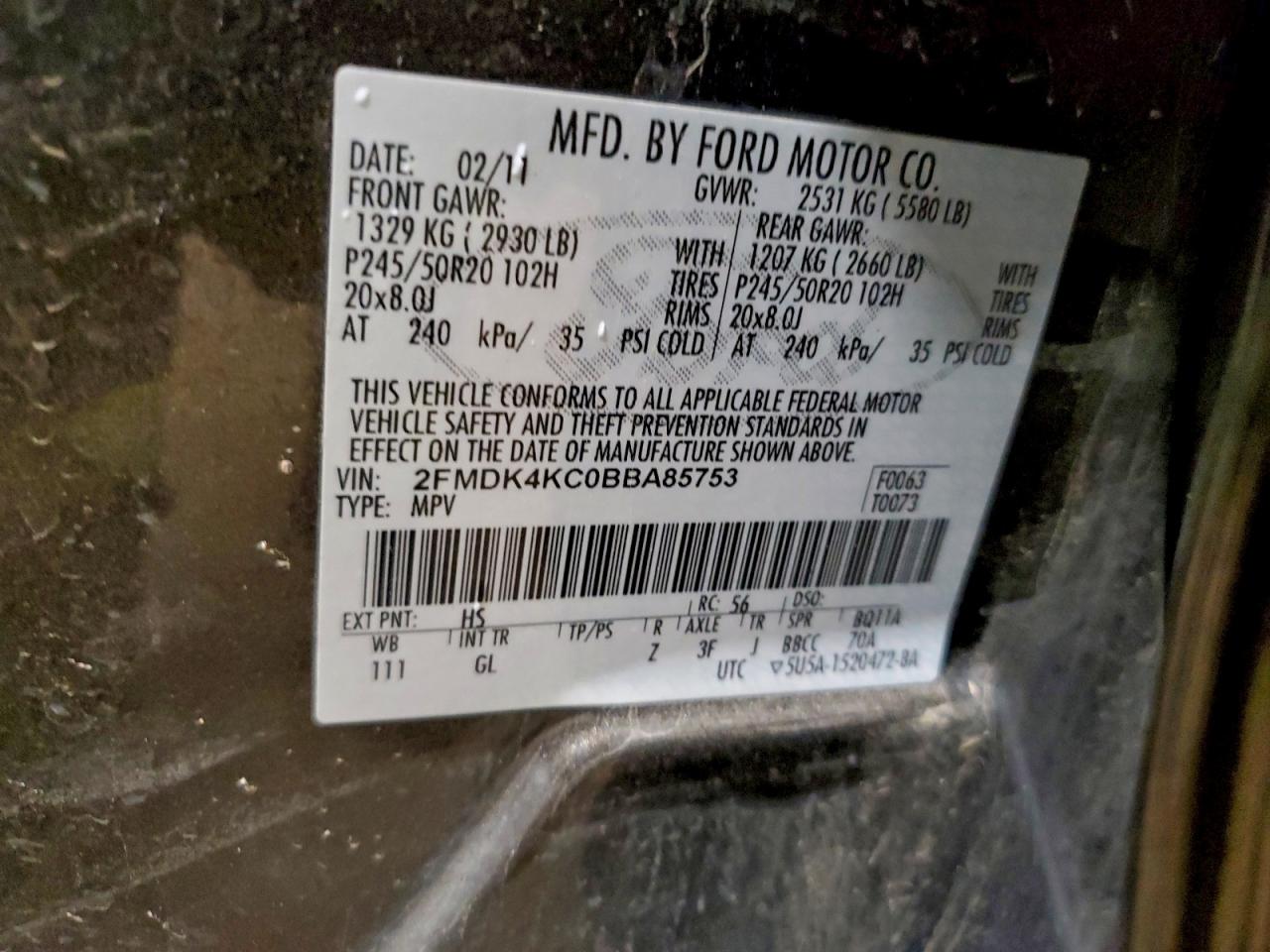 2011 Ford Edge Limited VIN: 2FMDK4KC0BBA85753 Lot: 94057585