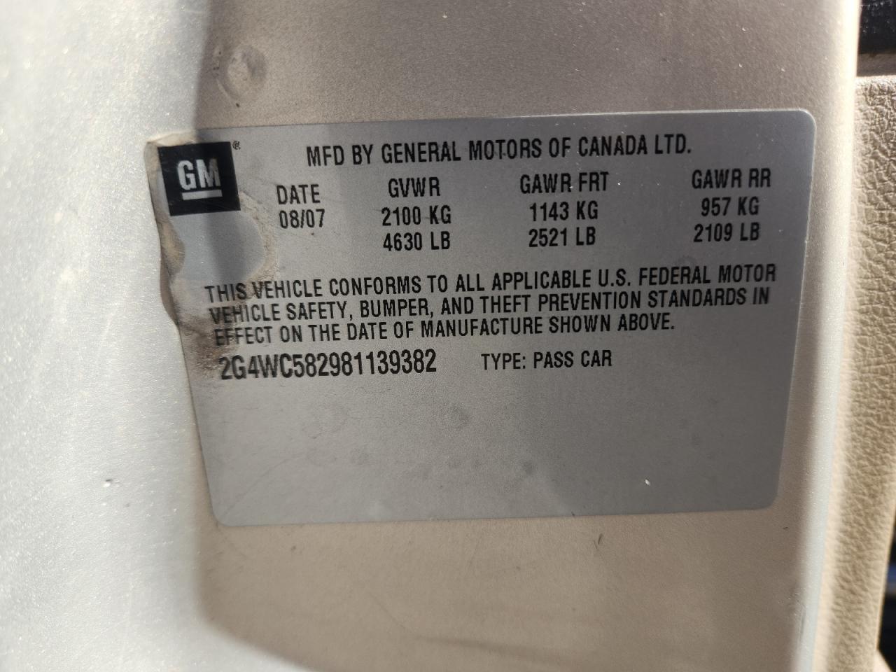 2008 Buick Lacrosse Cx VIN: 2G4WC582981139382 Lot: 92244585