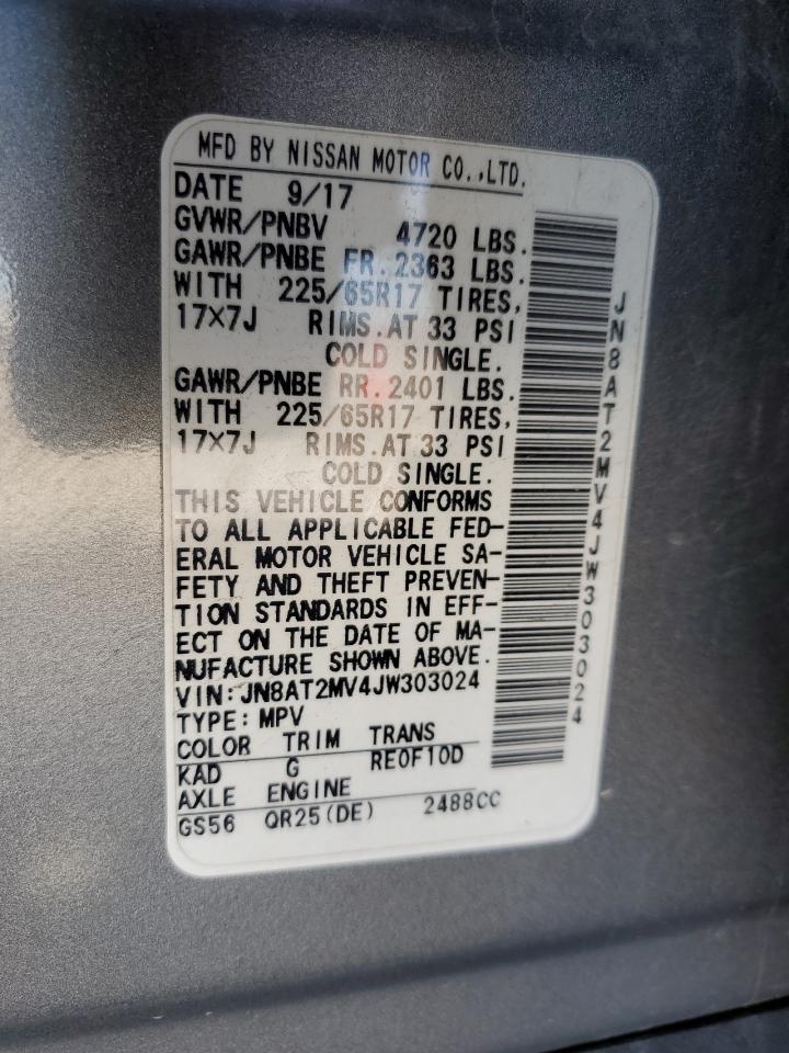 2018 Nissan Rogue S VIN: JN8AT2MV4JW303024 Lot: 91884485