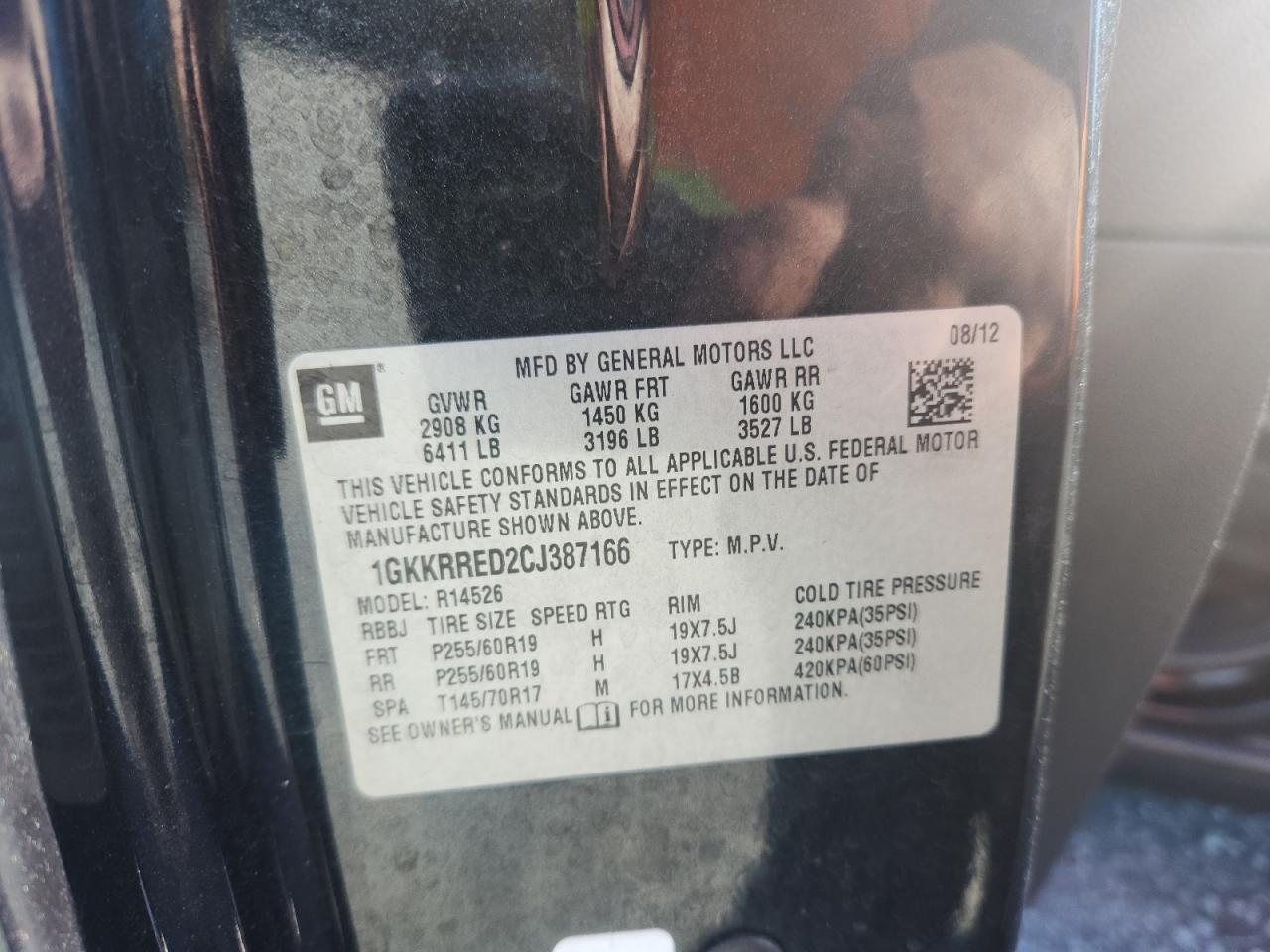 2012 GMC Acadia Slt-1 VIN: 1GKKRRED2CJ387166 Lot: 91856085