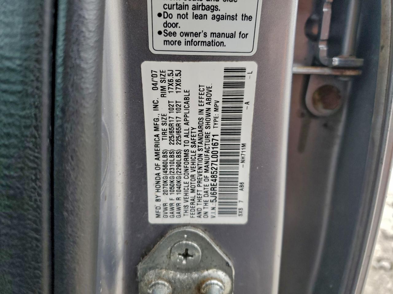 2007 Honda Cr-V Ex VIN: 5J6RE48527L001671 Lot: 93371005