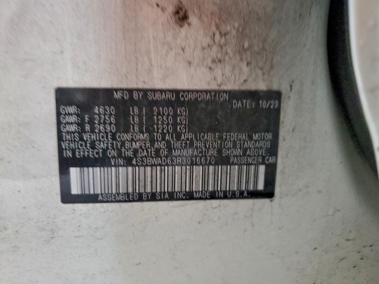 2024 Subaru Legacy Premium VIN: 4S3BWAD63R3016670 Lot: 93948775