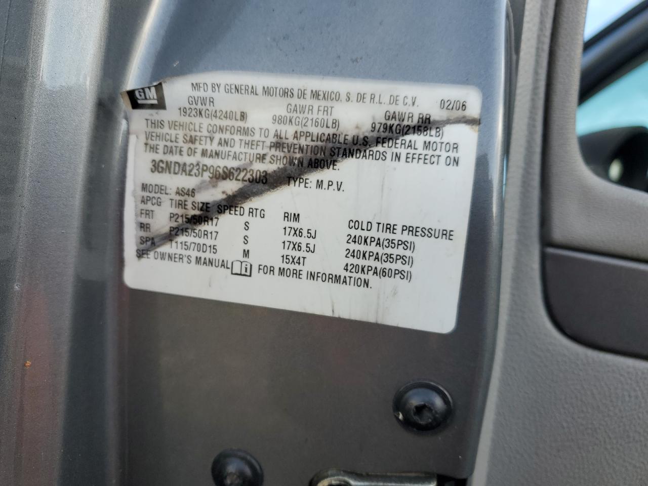 2006 Chevrolet Hhr Lt VIN: 3GNDA23P96S622303 Lot: 93707225