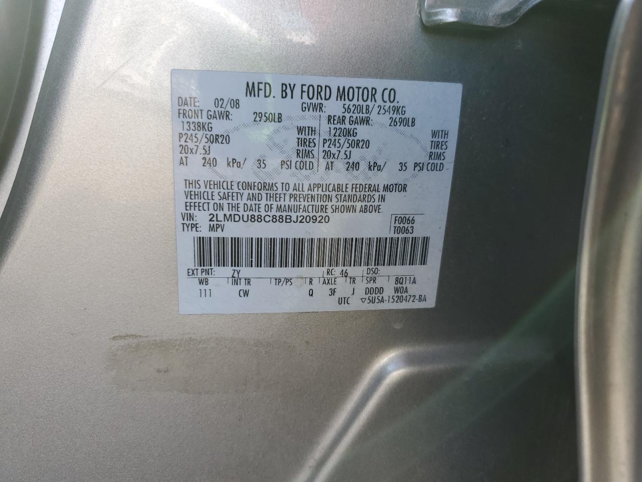 2008 Lincoln Mkx VIN: 2LMDU88C88BJ20920 Lot: 91452915