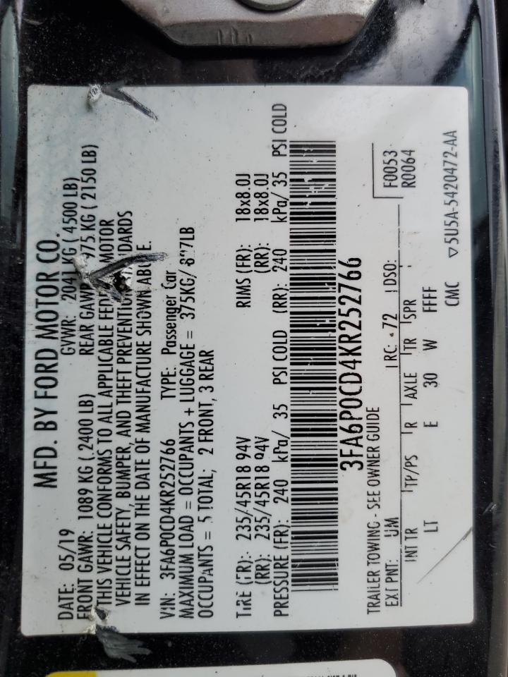 2019 Ford Fusion Sel VIN: 3FA6P0CD4KR252766 Lot: 91791165