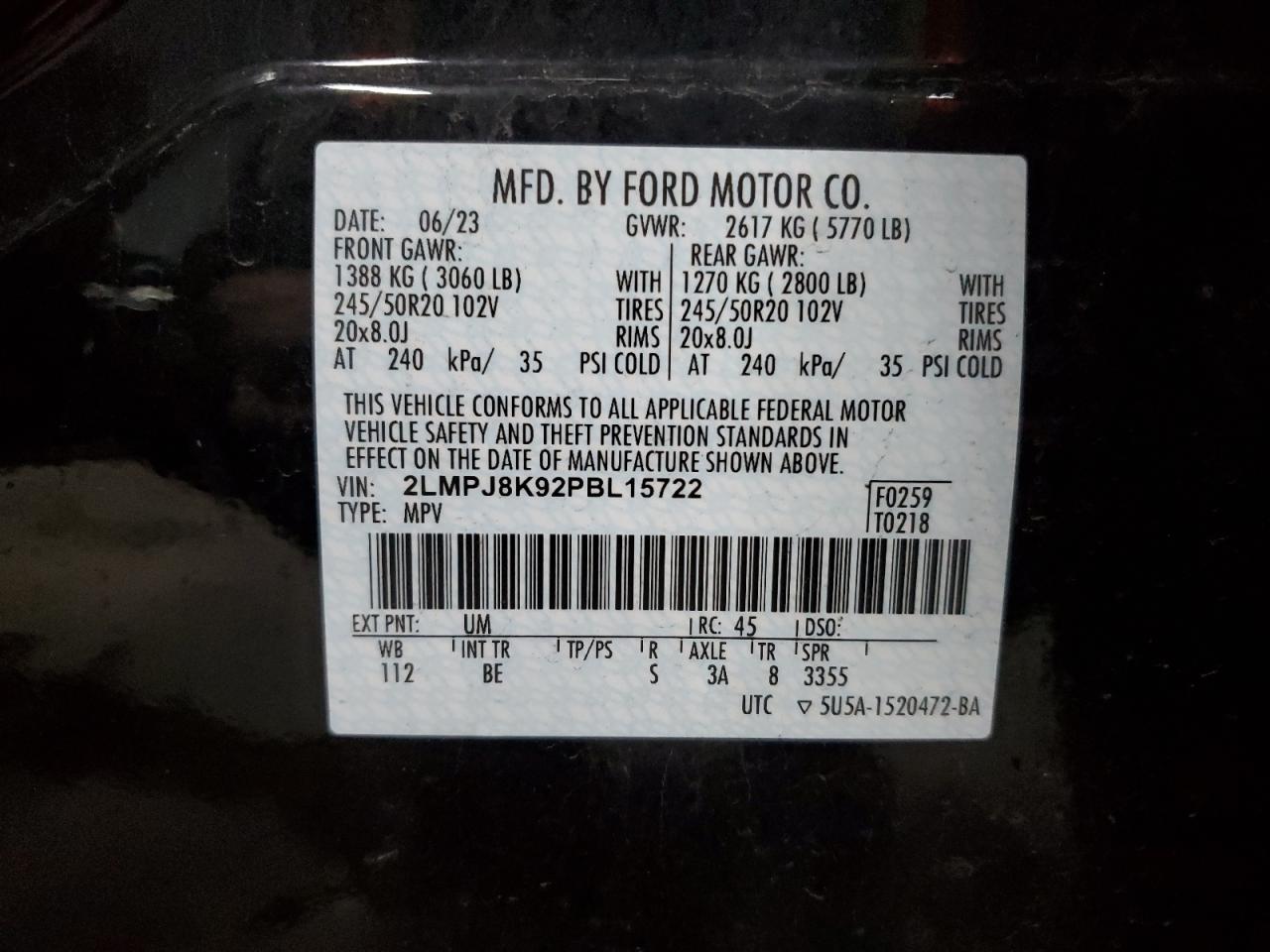 2023 Lincoln Nautilus Reserve VIN: 2LMPJ8K92PBL15722 Lot: 92479565