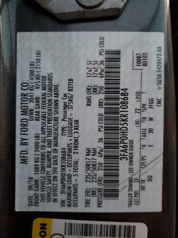 2019 Ford Fusion Se VIN: 3FA6P0HD5KR108684 Lot: 91607875