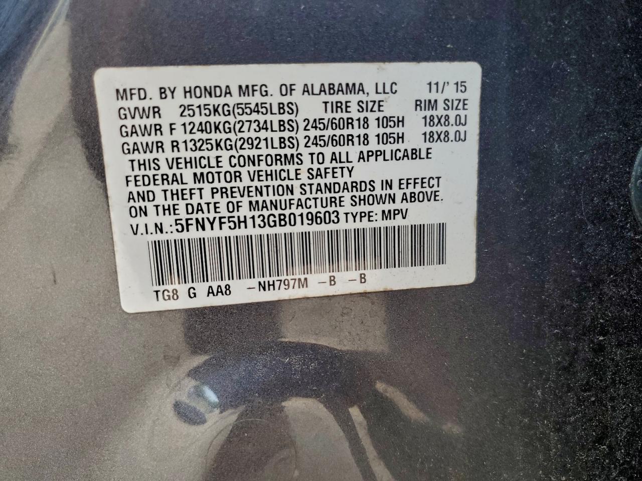 2016 Honda Pilot Lx VIN: 5FNYF5H13GB019603 Lot: 94041285