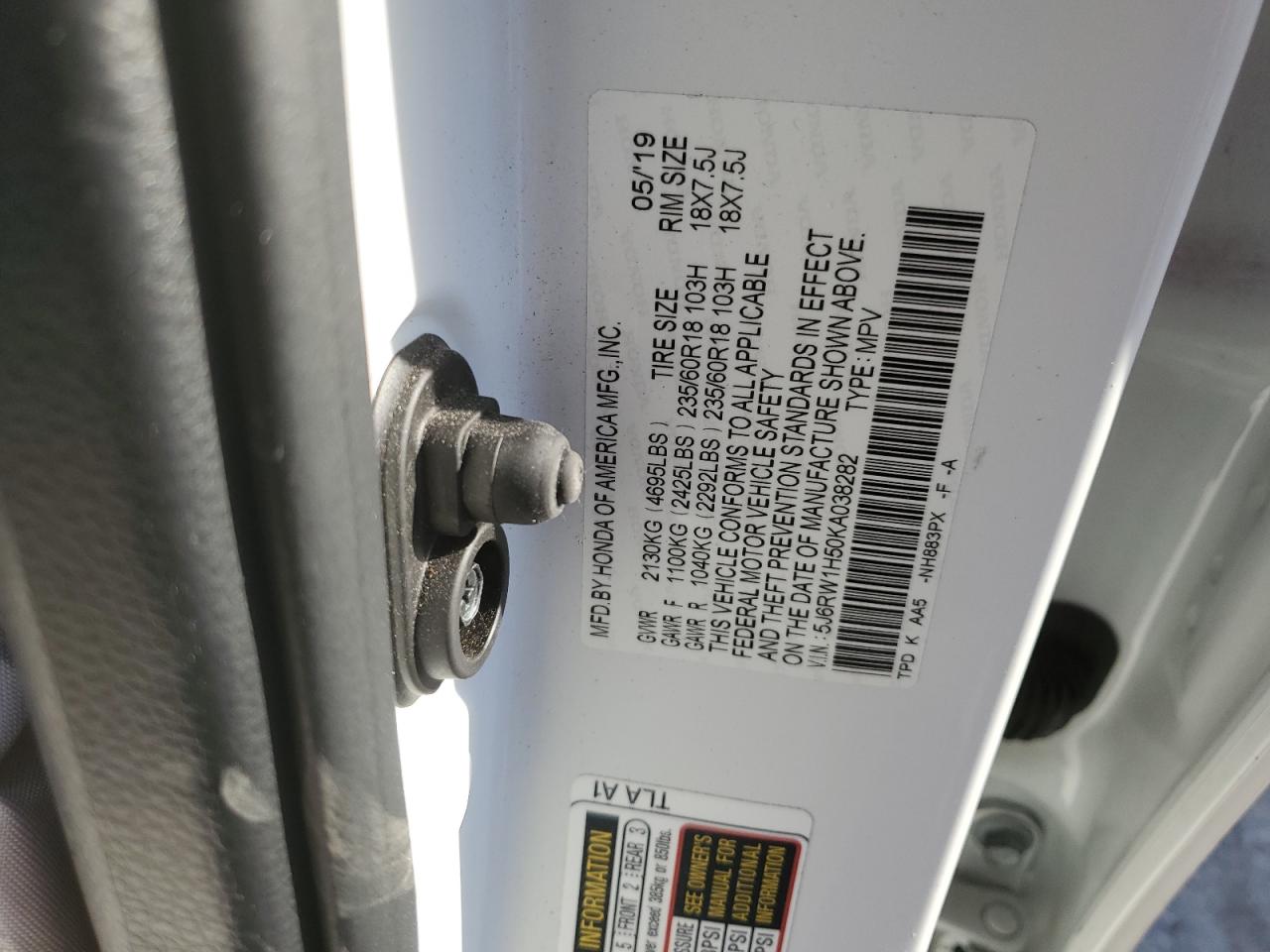 2019 Honda Cr-V Ex VIN: 5J6RW1H50KA038282 Lot: 92270925