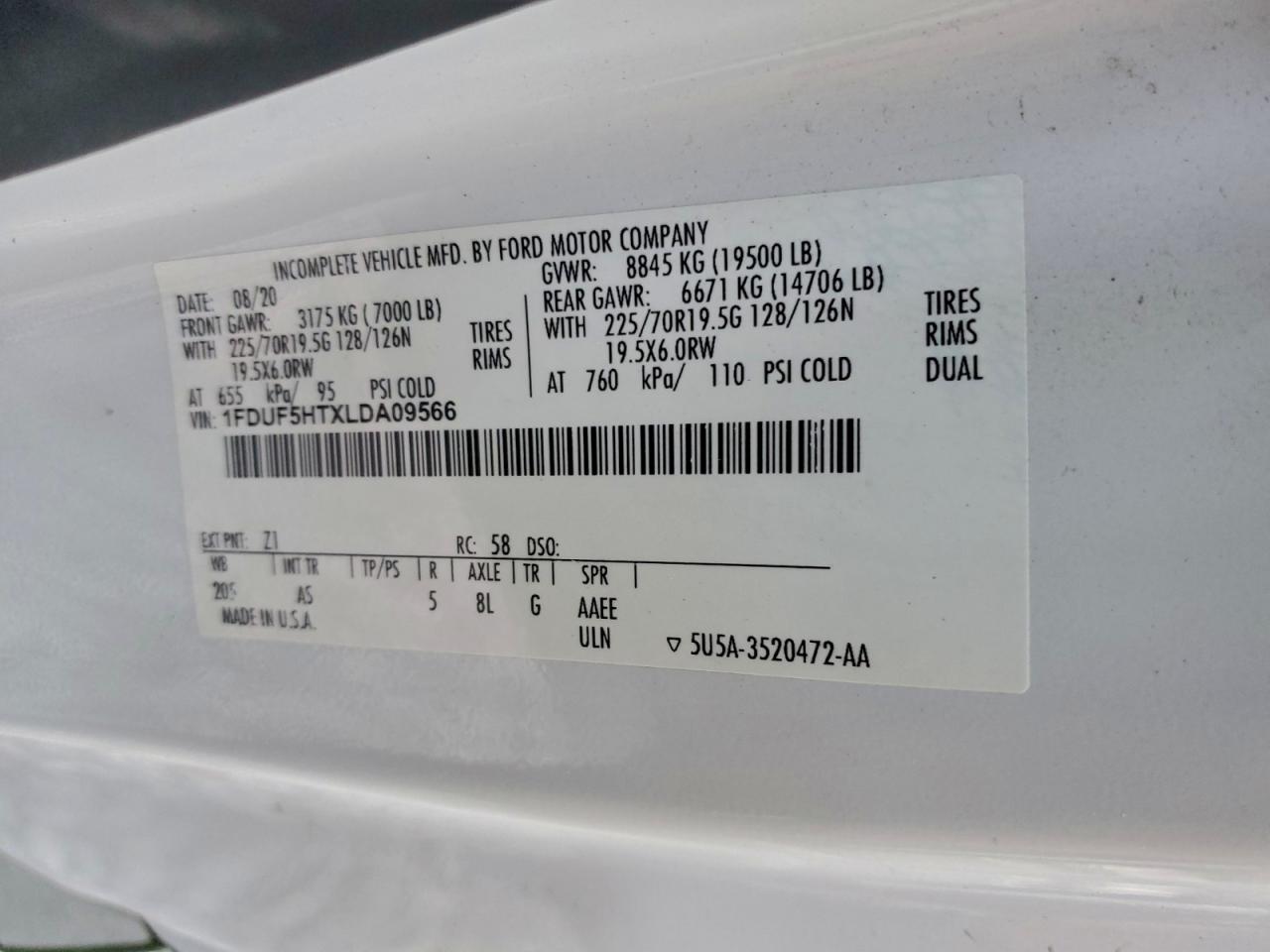 2020 Ford F550 Super Duty VIN: 1FDUF5HTXLDA09566 Lot: 94094035