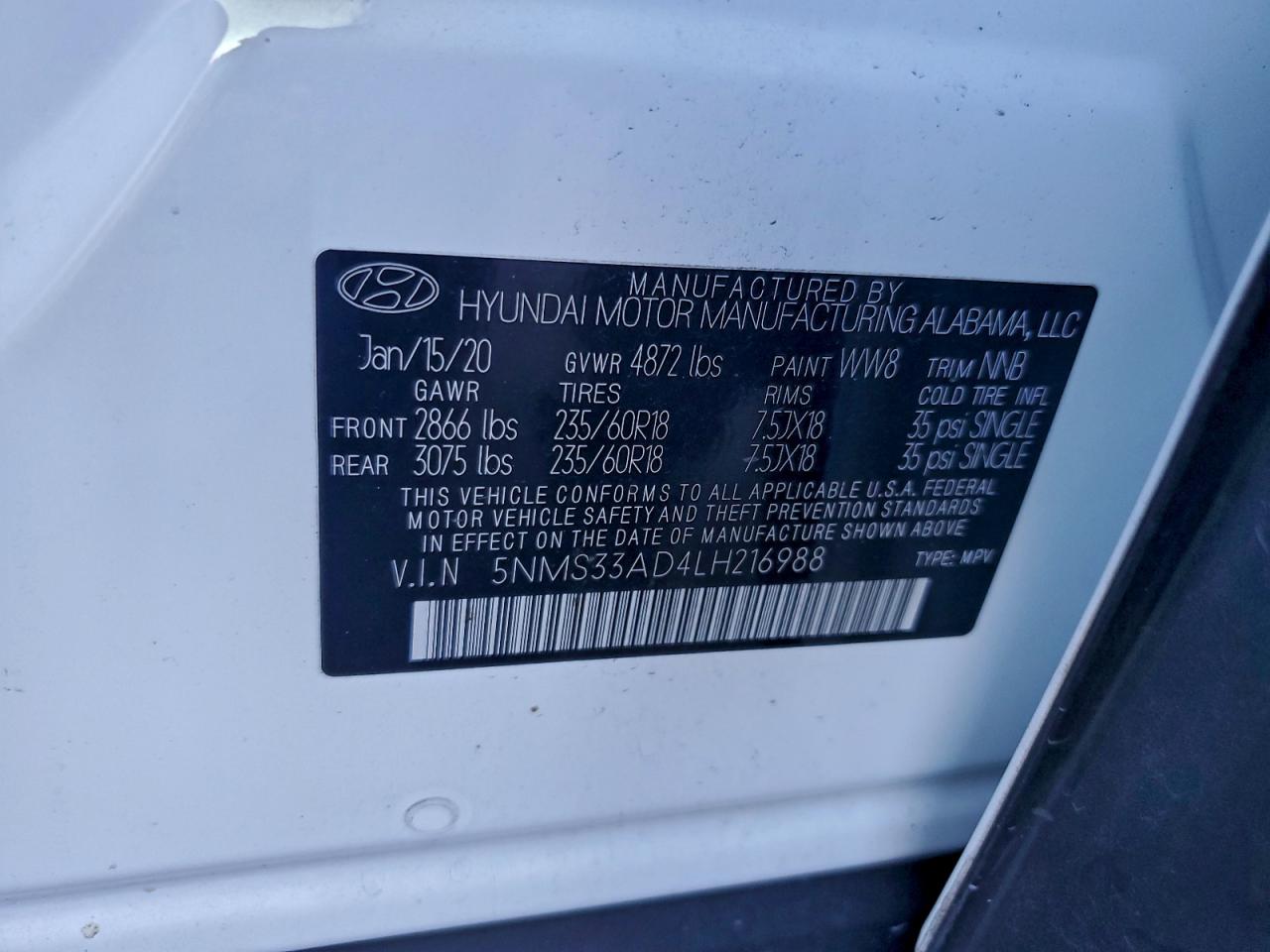 2020 Hyundai Santa Fe Sel VIN: 5NMS33AD4LH216988 Lot: 94667345