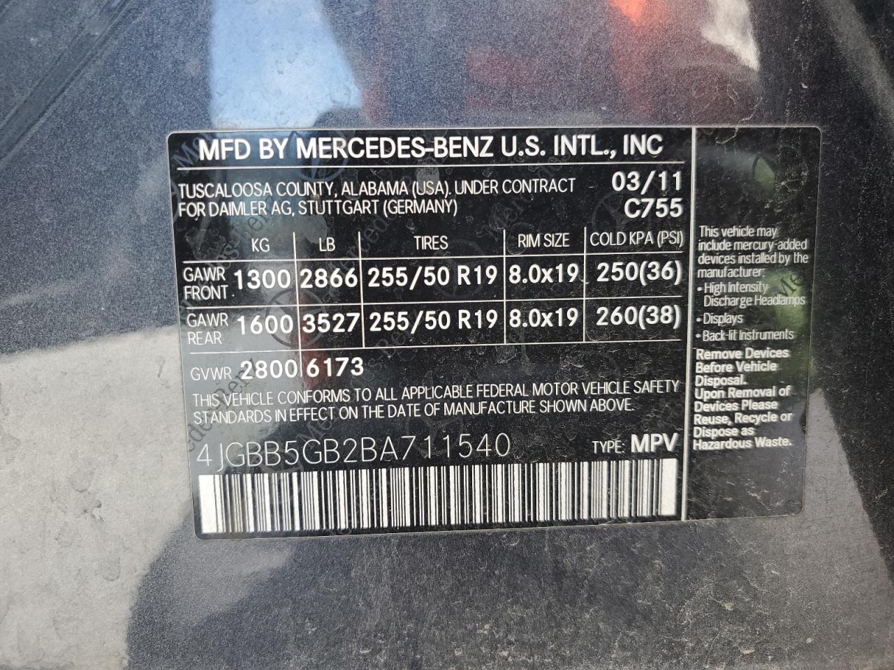 2011 Mercedes-Benz Ml 350 VIN: 4JGBB5GB2BA711540 Lot: 92717175