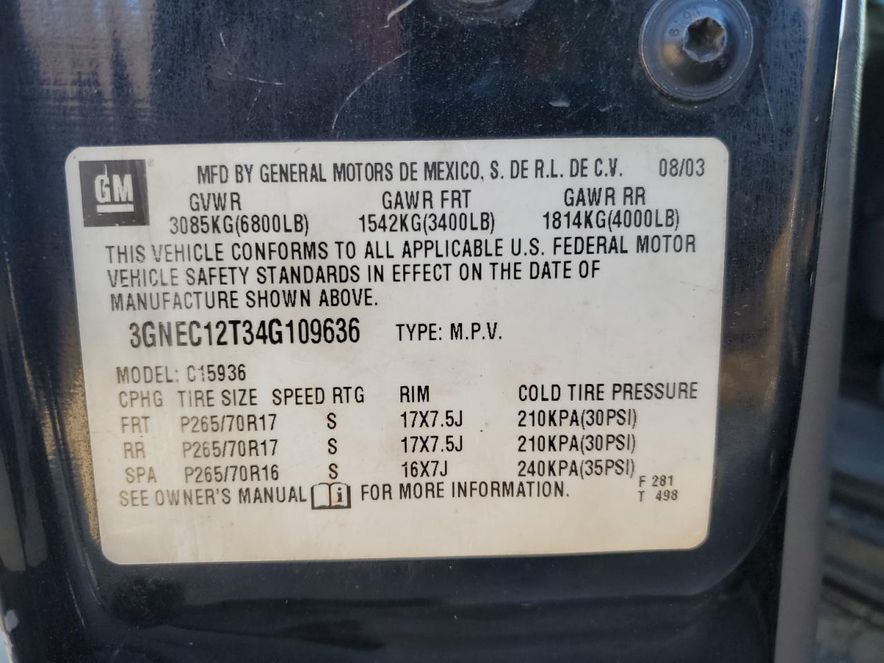 2004 Chevrolet Avalanche C1500 VIN: 3GNEC12T34G109636 Lot: 92313445