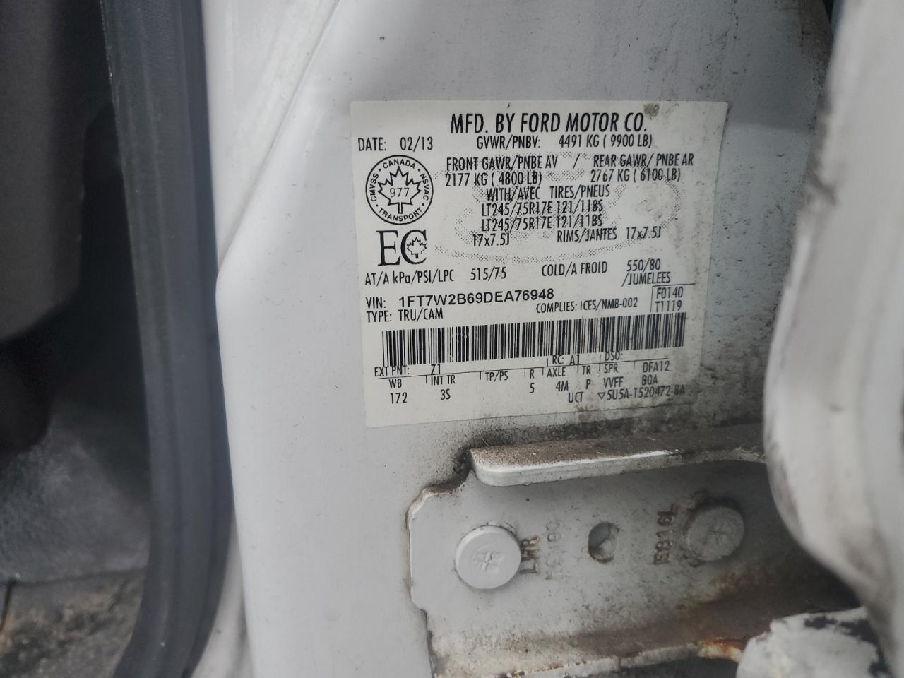 2013 Ford F250 Super Duty VIN: 1FT7W2B69DEA76948 Lot: 91253445