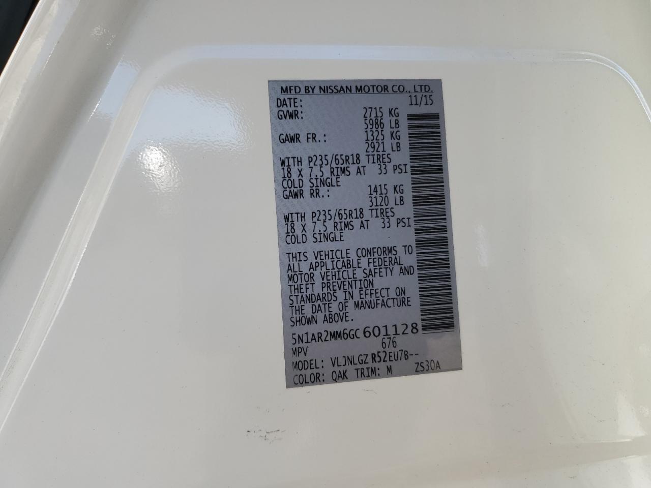 2016 Nissan Pathfinder S VIN: 5N1AR2MM6GC601128 Lot: 92163455