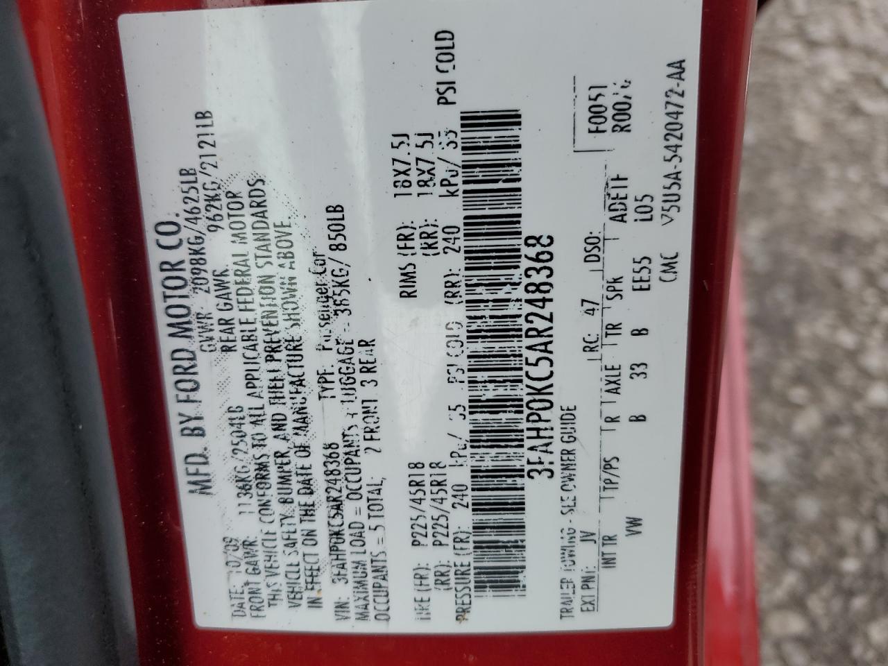 2010 Ford Fusion Sport VIN: 3FAHP0KC5AR248368 Lot: 91452005