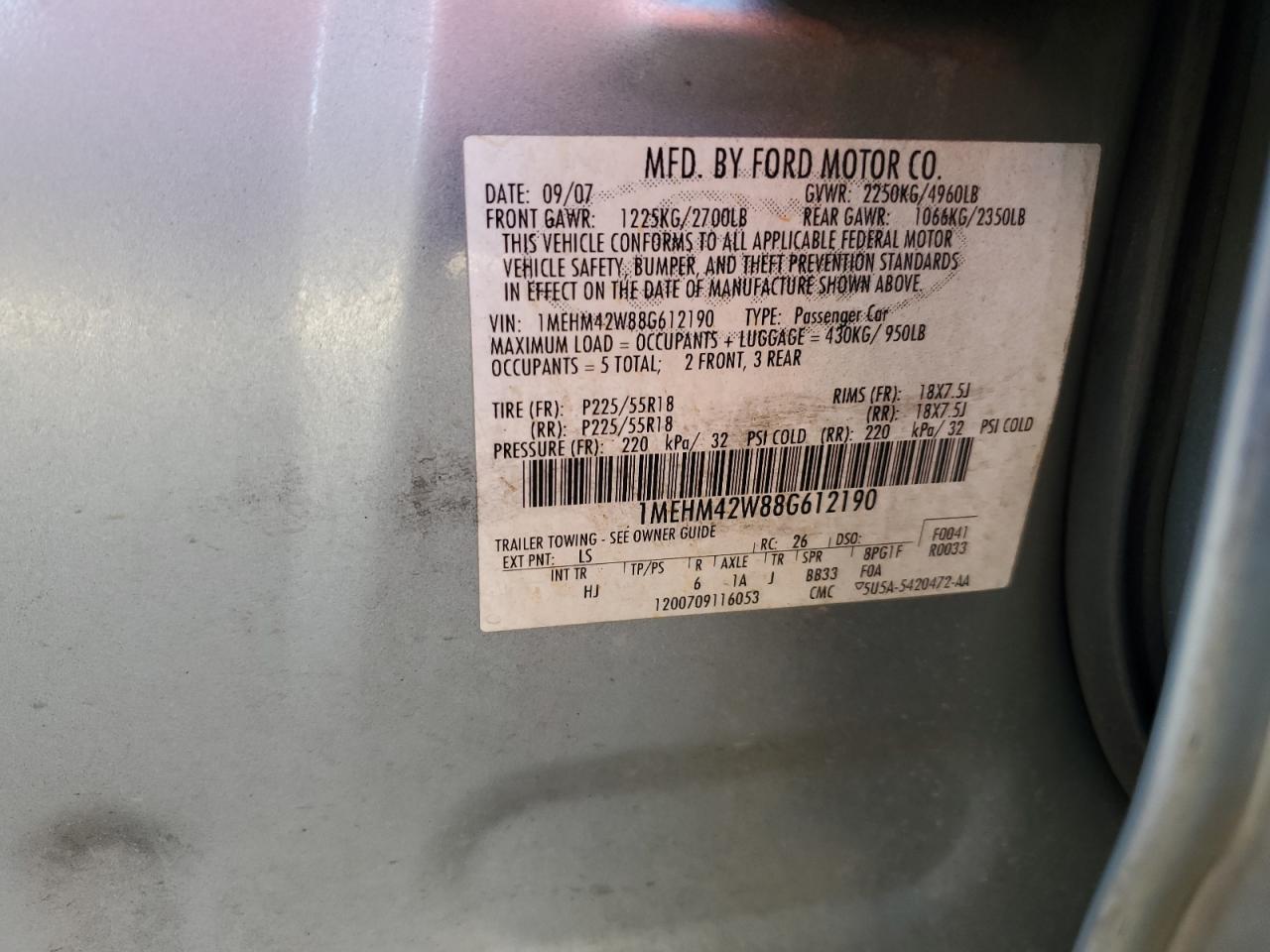 2008 Mercury Sable Premier VIN: 1MEHM42W88G612190 Lot: 92820255