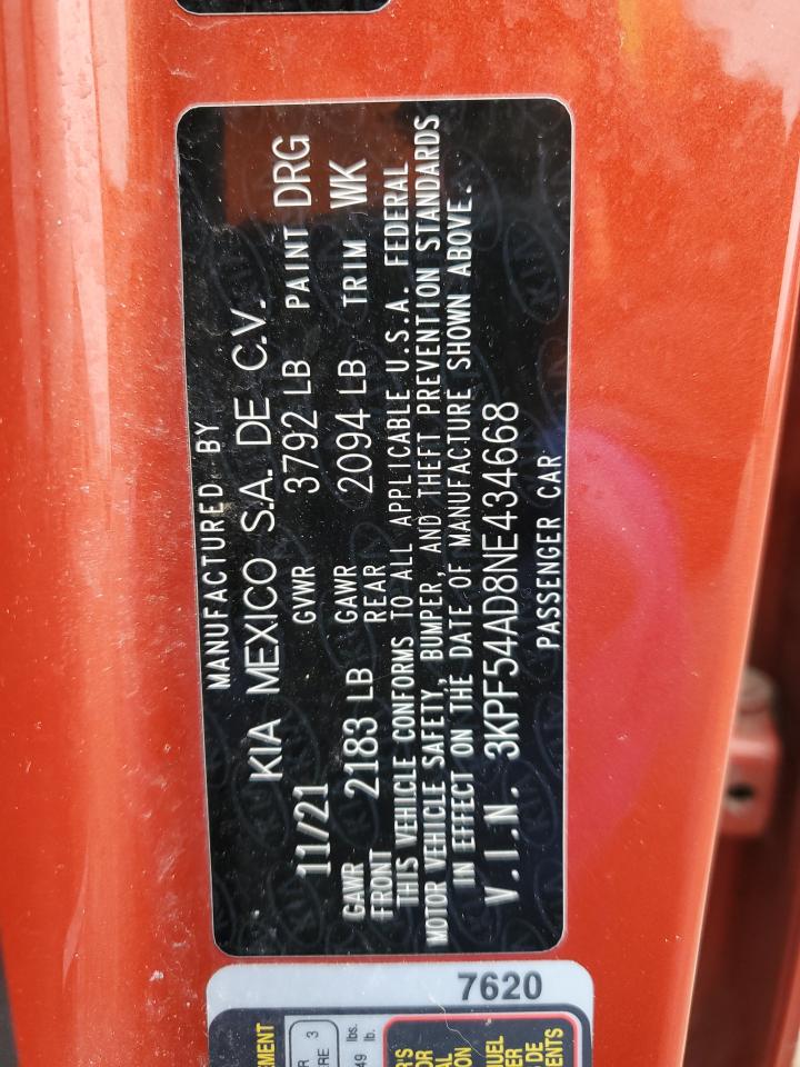 2022 Kia Forte Gt Line VIN: 3KPF54AD8NE434668 Lot: 92215935