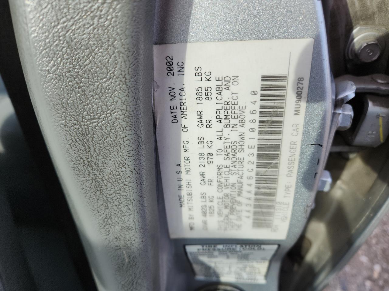 2003 Mitsubishi Galant Es VIN: 4A3AA46G23E108640 Lot: 92884605