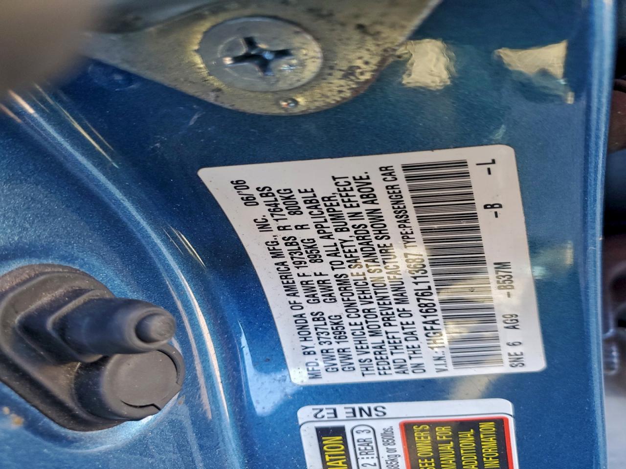 2006 Honda Civic Ex VIN: 1HGFA16876L113687 Lot: 94263745