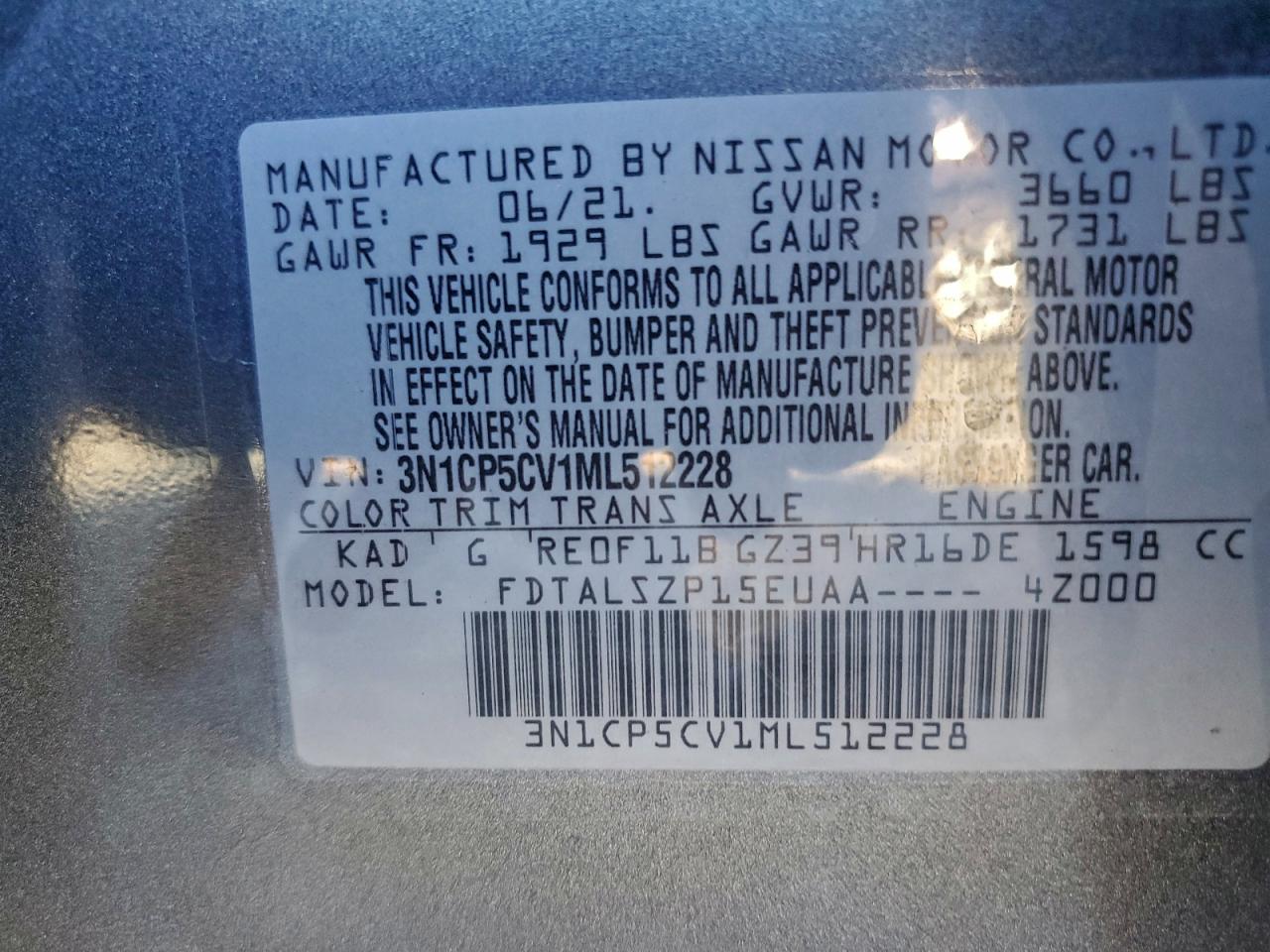 2021 Nissan Kicks Sv VIN: 3N1CP5CV1ML512228 Lot: 94231755