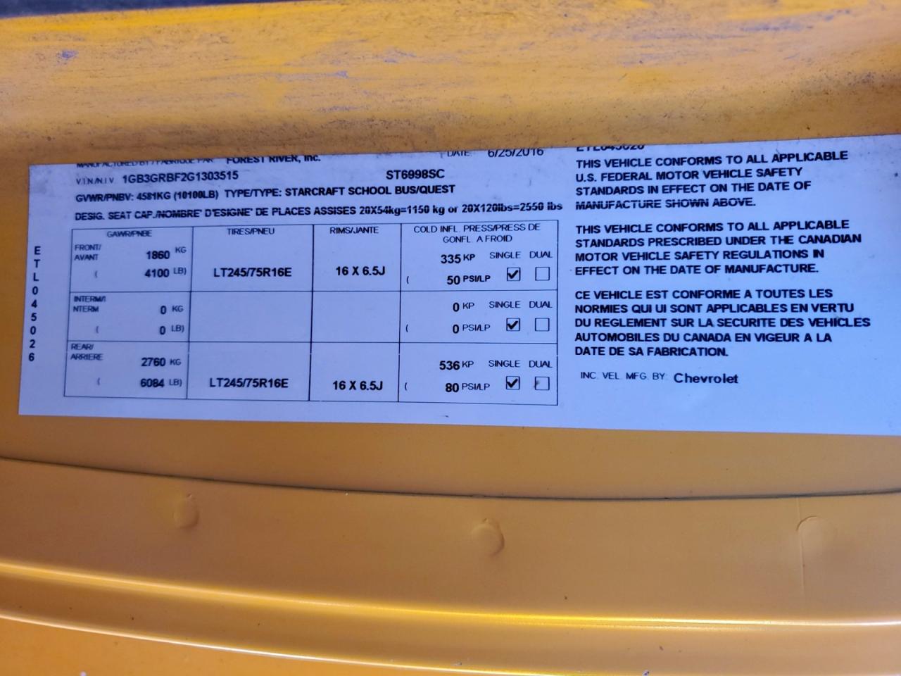 2016 Thomas Minotour G3500 - School Bus VIN: 1GB3GRBF2G1303515 Lot: 93782085